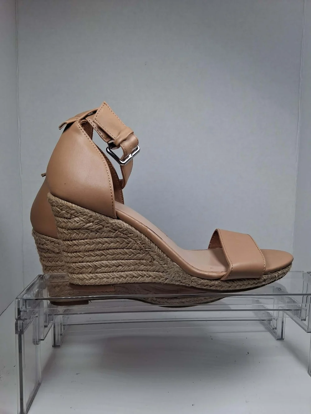 A New Day Tan Faux Leather Wedge Sandals Buckle Ankle Strap Women's US 8